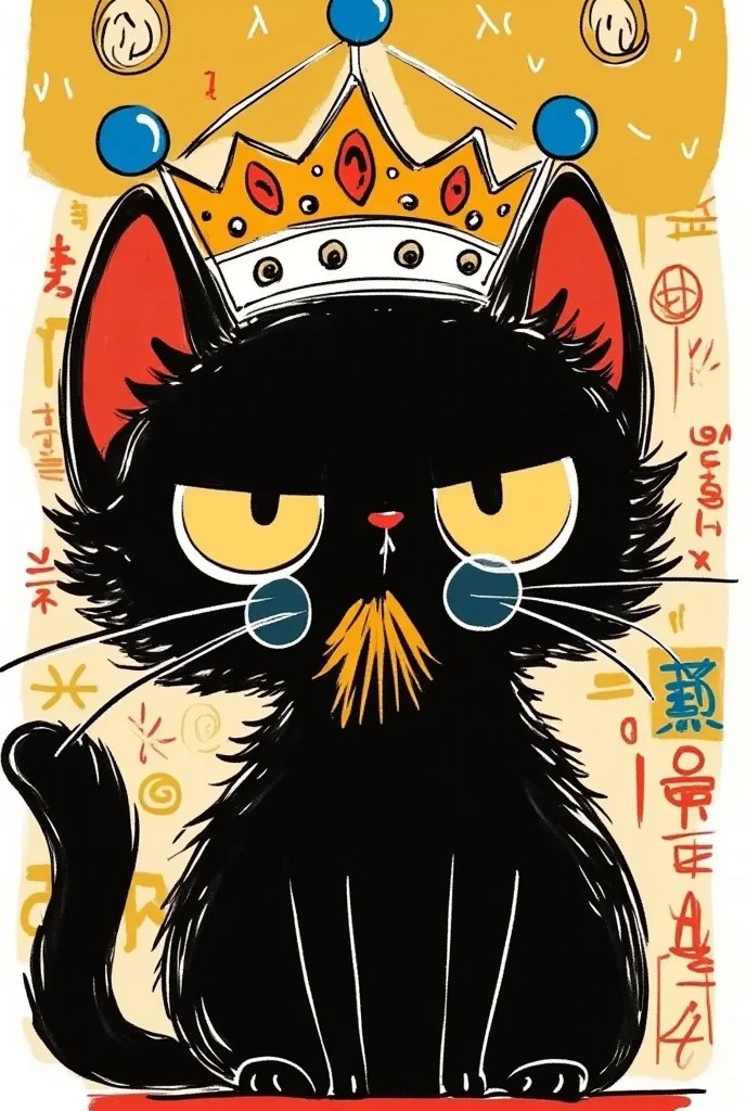 there is a black cat wearing a crown and a mustache, A beautifully detailed painting  , pixiv,  furry art , !!! cat!!!,   hand drawn cartoon art style , anthropomorphic cat,  可爱的细节艺术品 ,  traditional Chinese art ,  cute and detailed digital art , anime visual of a cute cat, cat with a hat, ,  ancient Chinese art style 