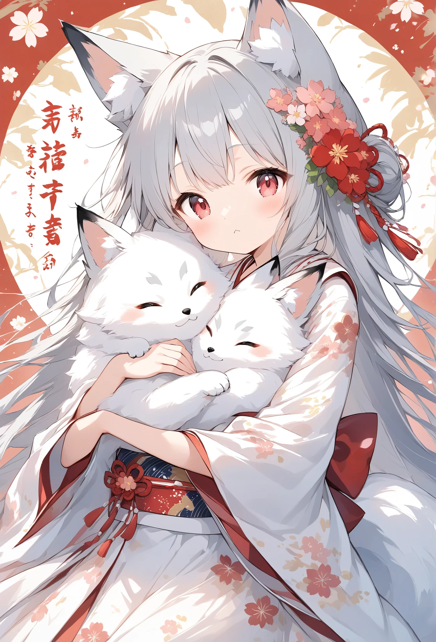 thin and soft painting style 、Alone、White fox girl 、 gray hair、 Smooth Long Hair 、 fox ears、 fluffy fox tail 、Ruby Eyes、Slanted Eyes、 cute、:<, Happy_New_Year!、Japanese Furisode、 dress、桜色の可愛い dress、Hug a fluffy white fox