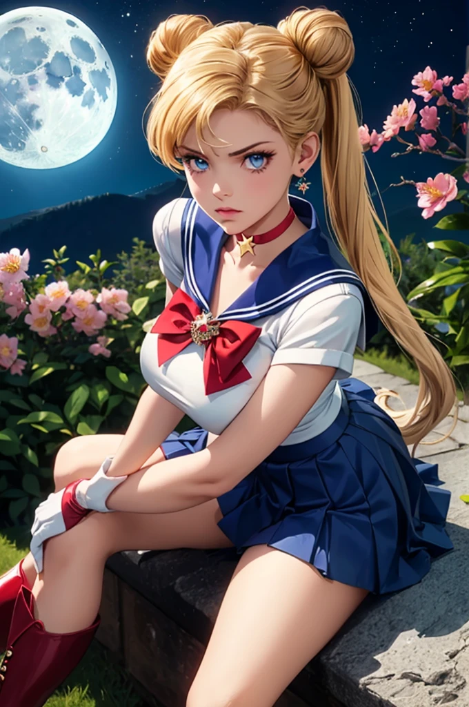 Realistic 1.2, (ultra realistic,32k, masterpiece:1.2),(high detailed skin:1.1),( high quality:1.1),
1girl, solo,EPsmSailorMoon, (angry:1.1),blonde hair, blue eyes, long hair, very long hair, twintails, hair bun, double bun, miniskirt, choker, bow, crescent earrings, knee boots, red choker, white gloves, red bow,  magical girl, elbow gloves, star (symbol), earrings, bow, jewelry, boots, sailor senshi uniform, crescent, blue sailor collar, gloves, sailor collar, blue skirt, red footwear, skirt, pleated skirt, (azalea flower field:1.1), night, (moon:1.3) , blurry background,, (looking at viewer, sitting, crossed legs, from above:1.1),,(huge breast,large breast:1.1),(glow in the dark:1.1),