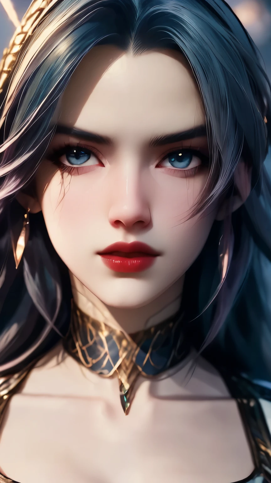 1girl, backlighting, bare shoulders, blurry, blurry background, blush, breasts, choker, cleavage, closed mouth, collarbone, earrings, forehead, hair over shoulder, jewelry, long hair, looking down,red lips, shadow, solo, thick eyebrows, thick eyelashes,
, ((masterpiece)), walking on water in a storm, masterpiece, best quality, high quality, extremely detailed CG unit 8k wallpaper, award winning photography, Bokeh, Depth of Field, HDR, bloom, Chromatic aberration, photorealistic, extremely detailed, trending on artstation, trending on CGsociety, intricate, high detail, dramatic, mid-journey art, volumetric lighting