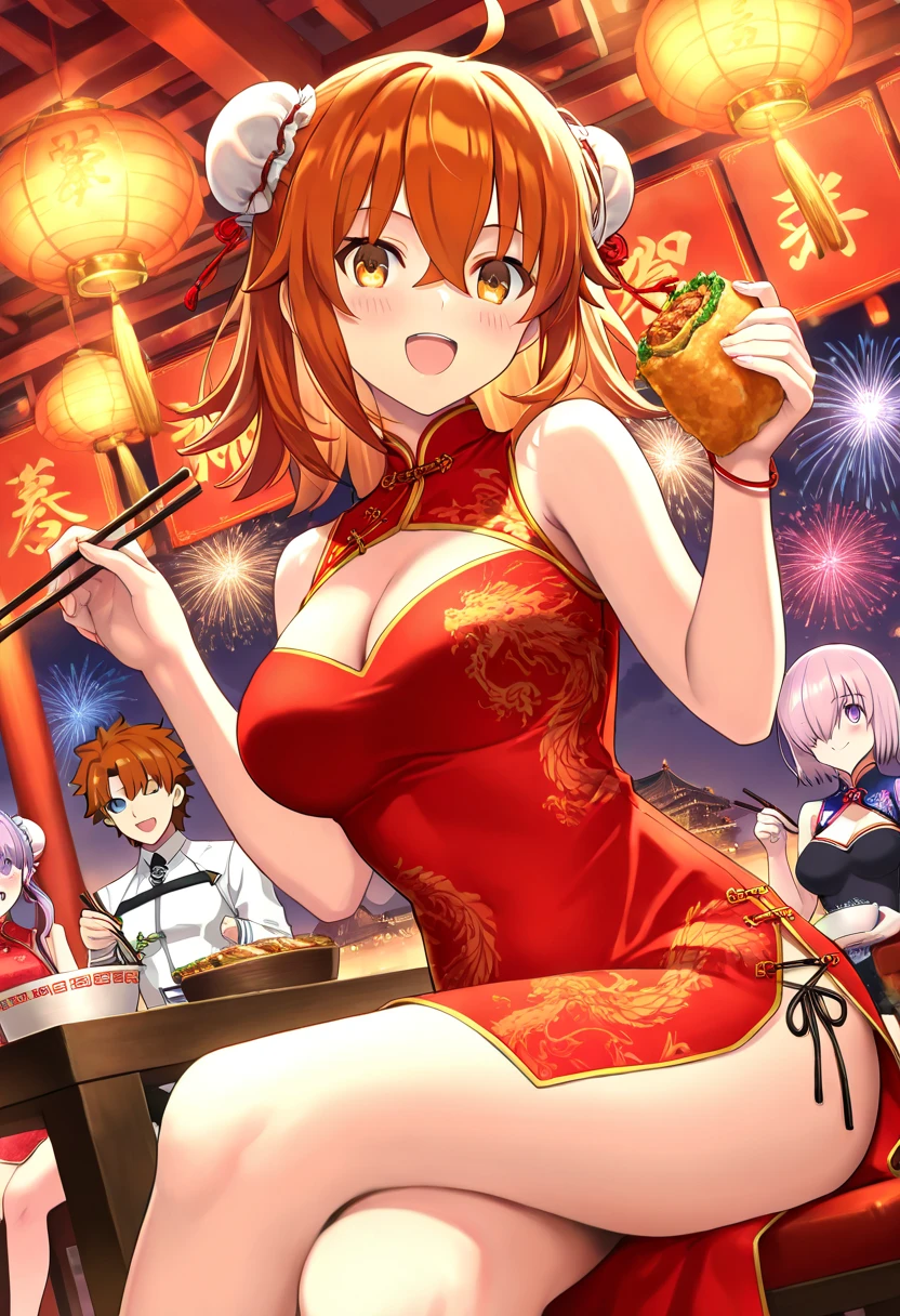 breasts, looking at viewer, blush, smile, short hair, open mouth, blue eyes, multiple girls, large breasts, black hair, hair ornament, 1boy, dress, holding, 2girls, cleavage, bare shoulders, sitting, purple eyes, purple hair, ahoge, food, alternate costume, hair bun, orange hair, hair over one eye, official alternate costume, clothing cutout, double bun, chinese clothes, eating, red dress, cleavage cutout, crossed legs, china dress, light purple hair, side slit, bowl, lantern, chopsticks, bun cover, fireworks, holding chopsticks, paper lantern, chinese new year, mash kyrielight, fujimaru ritsuka \(female\), fujimaru ritsuka \(male\)