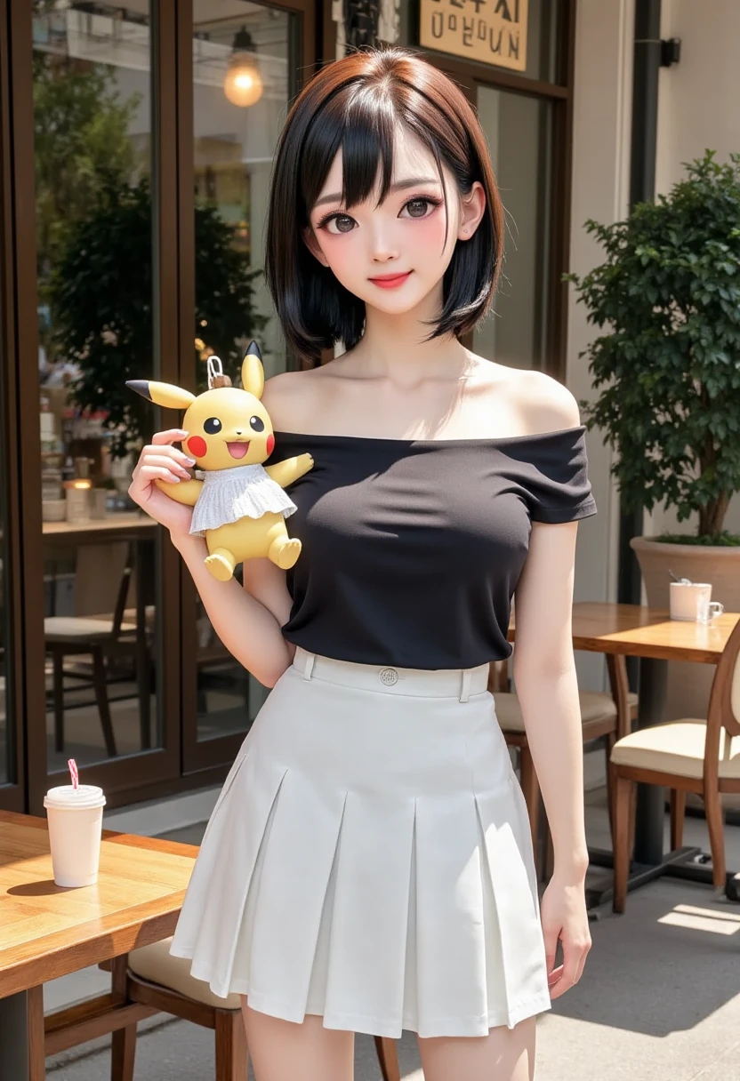 photograph,  model shooting, Semi-long woman standing outside a cafe wearing a black off-the-shoulder shirt and white skirt"Haruna" Cowboy Shots ,  she's posing , She has nice lipstick,  she's smiling, She's holding Pokémon ,  bright color, sunlight