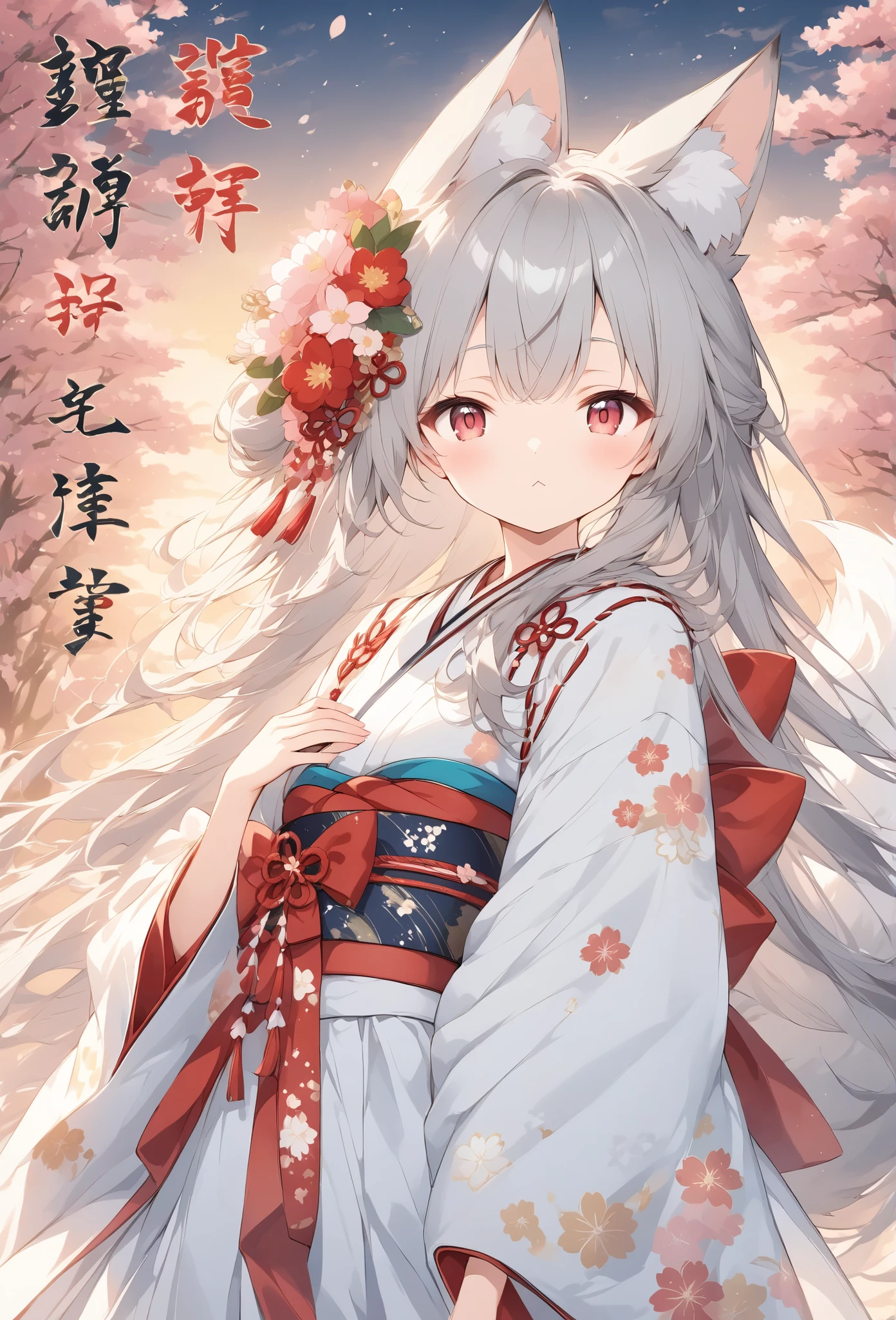 thin and soft painting style 、White fox girl 、 gray hair、 Smooth Long Hair 、 fox ears、 fluffy fox tail 、Ruby Eyes、Slanted Eyes、 cute、:<, Happy_New_Year!、Japanese Furisode、 dress、桜色の可愛い dress