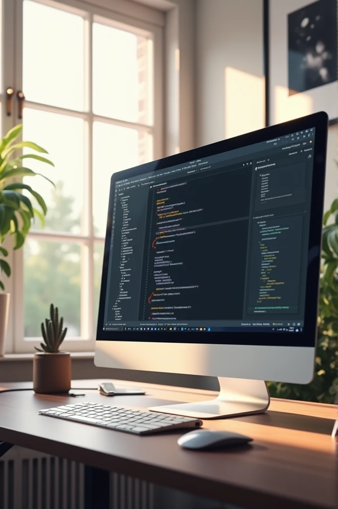 A bit light room, computer opens, Vs code is opened, - SeaArt AI