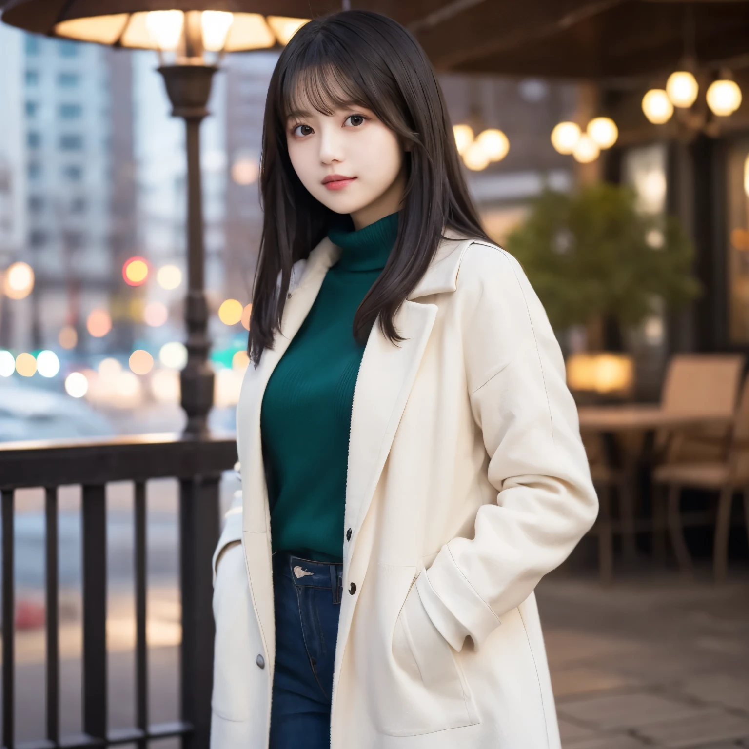 Dark green sweater,  white long coat ,  PUT YOUR HANDS IN YOUR POCKET, Chest Up , Looking back pose, Eyes on the camera,  The background is a blurry winter cityscape, Clean and friendly ,  girl, busty,  black hair,  straight hair,  with bangs, 's greatest masterpiece,  professional lighting, 