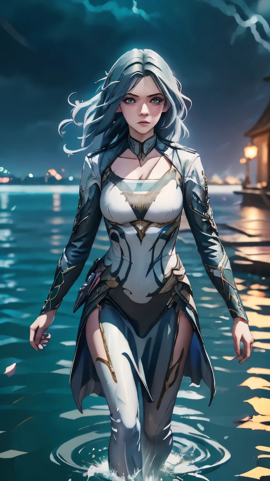 girl walkong on water in a storm, masterpiece, best quality, high quality, extremely detailed CG unit 8k wallpaper, award winning photography, Bokeh, Depth of Field, HDR, bloom, photorealistic, extremely detailed, trending on artstation, high detail, dramatic, mid-journey art, volumetric lighting