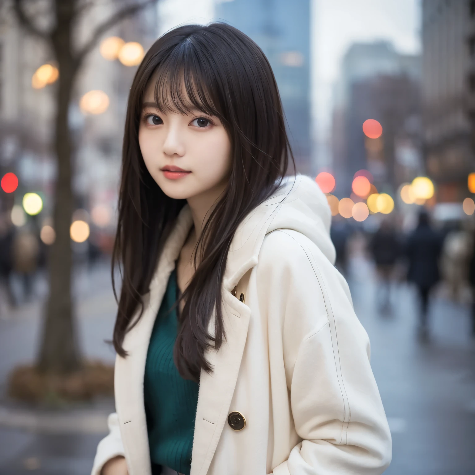 Dark green sweater,  white long coat ,  PUT YOUR HANDS IN YOUR POCKET, Chest Up , Looking back pose, Eyes on the camera,  The background is a blurry winter cityscape, Clean and friendly ,  girl, busty,  black hair,  straight hair,  with bangs, 's greatest masterpiece,  professional lighting, 