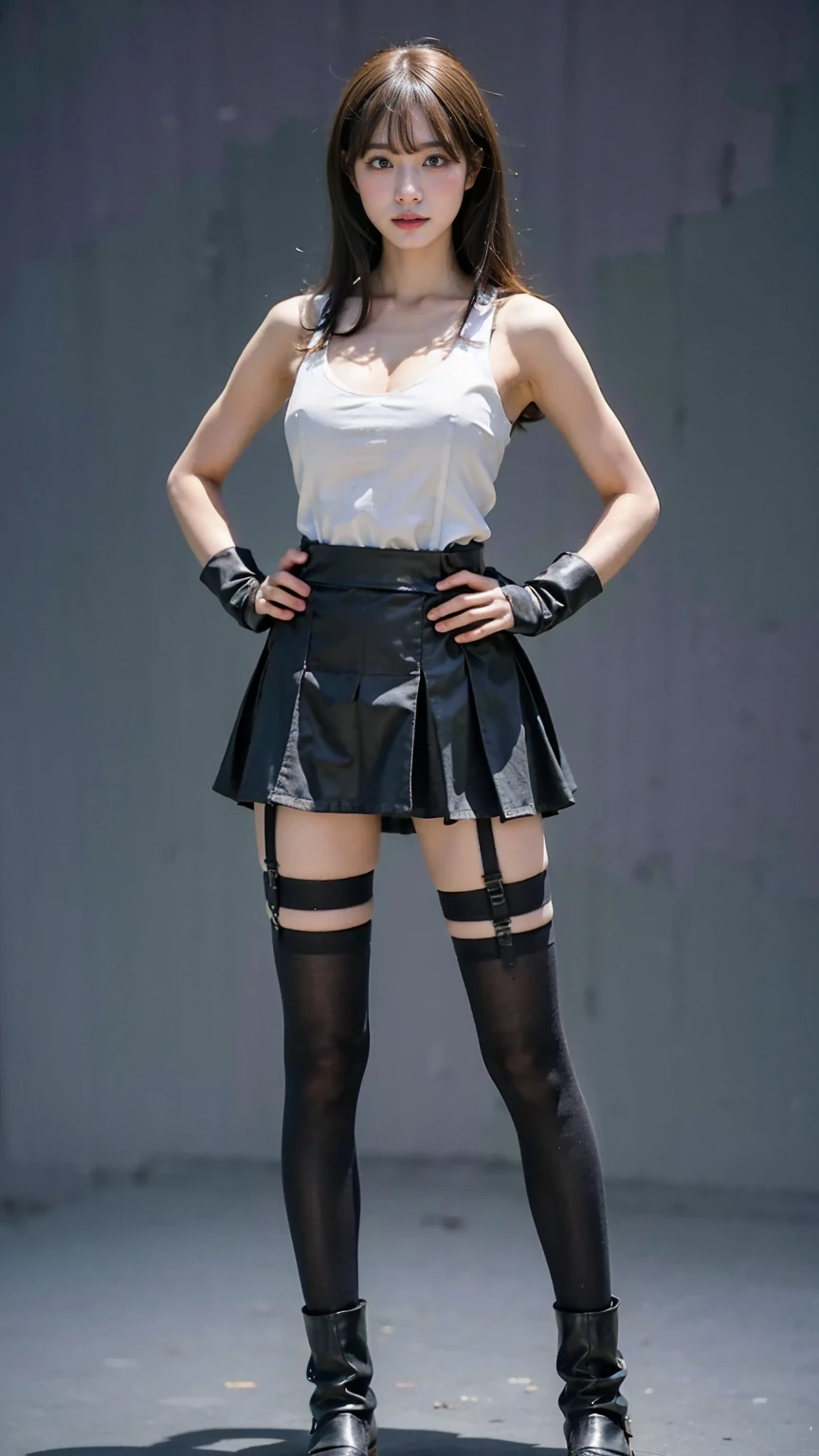 (8k、RAW Photos、highest quality、masterpiece:1.2)、(Realistic、Realistic)、1 girl、((White tank top、Arm Covers、Knee socks、garter belt、Black Mini Skirt、Belly button、church、Standing with hands on hips))、