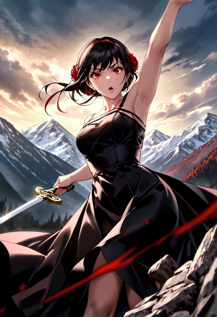 Yor Briar from Spy X Family, blood red eyes, raven black hair, dynamic pose, white sword, blood, black dress, mountain background