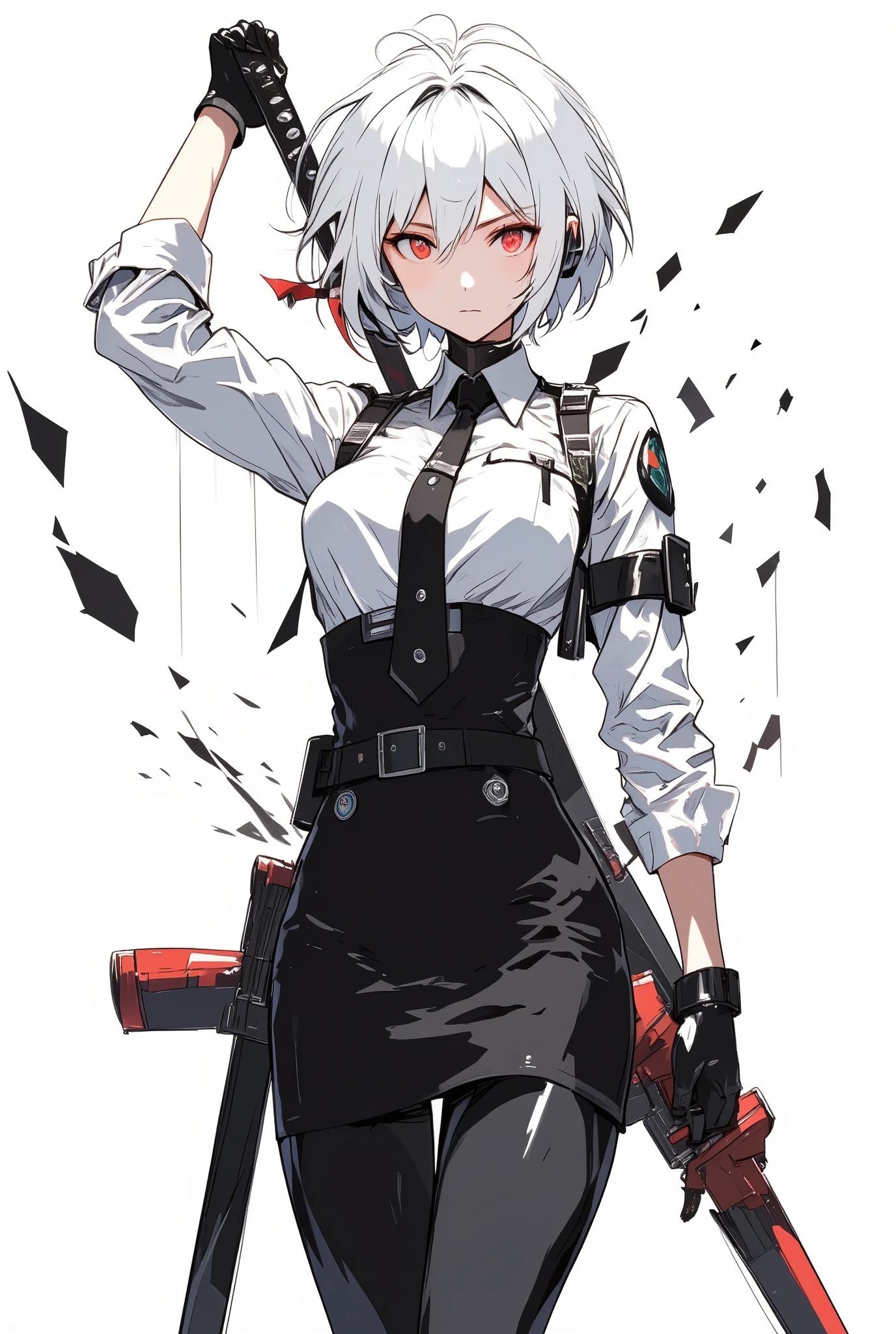 One girl, Close-up shot, (Gray Hair, Medium Hair, Large Breasts, Red eyes), Perfect Anatomy, city, Cyberpunk Style, ((White shirt, Black jacket, Black Skirt, belly button, belt, Black gloves, tie, watch, Earrings, Sheer black leggings)), ((Possession of a gun)), war, ruined city, battlefield, rubble, building,cigarette