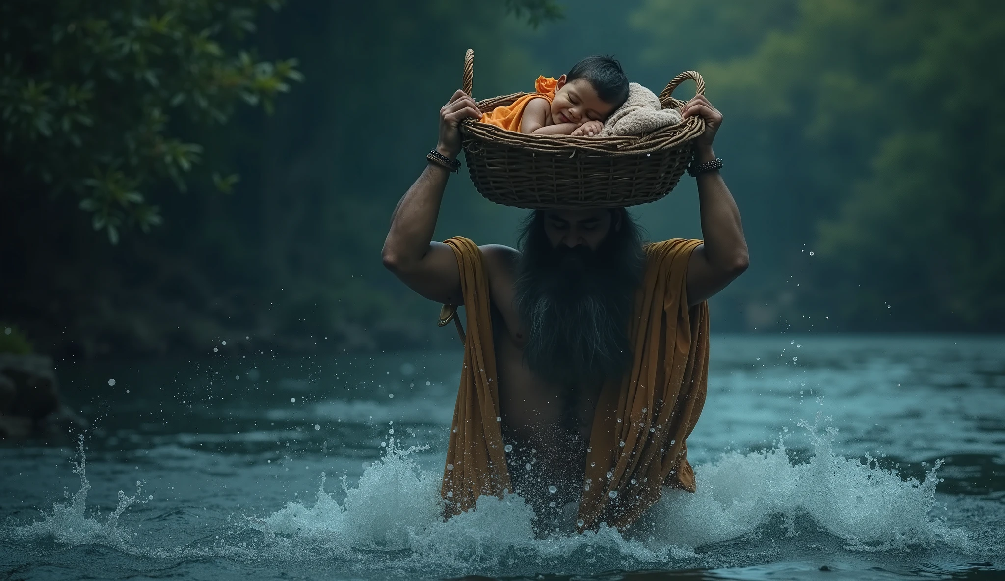 Imagine baby krishna in busket on basudeb head crossing jamuna river surrounding by five headed cobra snake hood.