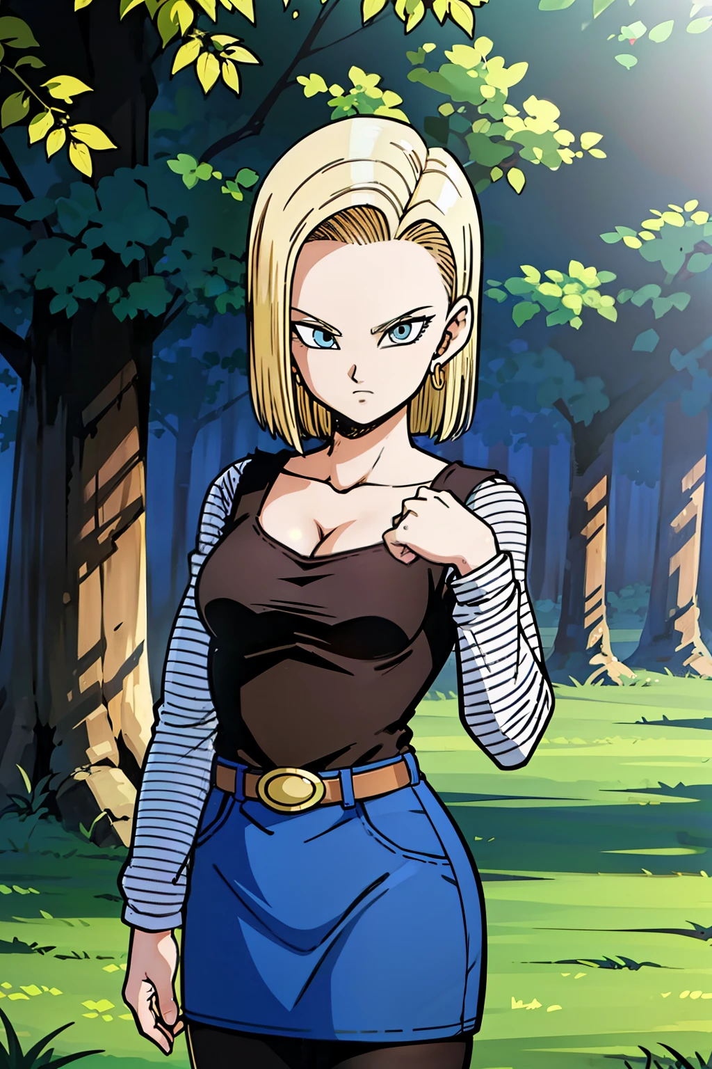 Masterpiece, detailed face, 
Android 18, Buu Saga, 1 girl, alone, looking at the observer, short hair, blue eyes, blonde hair, collarbone, touching chest,
field, trees,((groß :1.2)),cleavage, forest, field, upper body, black shirt, sleeves striped, belt, denim blue skirt, black tights, brown boots, full body, ass, cowboy shot
