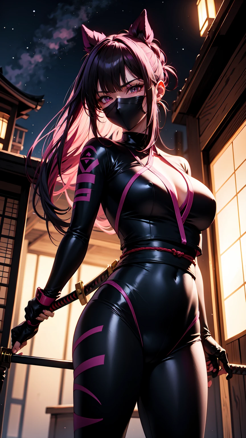 (highest quality)), ((masterpiece)), (Familiar), Perfect Face,Shiny skin,Beautiful breasts,how,Shiny skin、Kyoto Animation style painting、,Fishnet tightoment of、Dark pink hair、Pilot Suit、Sunburned skin、Braided Hair、night、Get on a bike、Holding a Japanese sword、ruins、Combat Stance