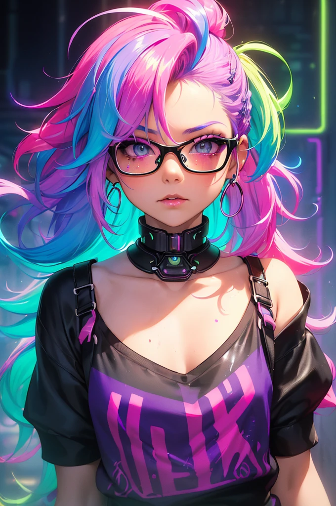 Rainbow color effect, ((cybernetic)), (glasses), collarbone, side cut, looking at viewer, blurry background, upper body, necklace, neon, freckles,  (best quality),(high resolution),(sharp focus),(ultra detailed),(extremely detailed),(extremely high quality artwork),8k_wallpaper,(extremely detailed CG 8k),(very fine 8K CG),((hyper super ultra detailed perfect piece)),flawless,(((masterpiece))),illustration,vibrant colors,(intricate),High contrast,Selective lighting,Double exposure,HDR (High Dynamic Range),Post-processing,Background blur, top rated on pixiv, (((liquid paint hair:1.1,neon purple hair|neon pink hair|neon blue hair|neon aqua hair|purple hair|fuchsia hair|fluorescent blue hair|amethyst hair|neon hair|bright pink hair :1.5,bright hair: 1.3,hair made of paint and defies gravity,thick flowing,paint splatter:1.3,shiny hair: 1.3,vibrant colored hair))),