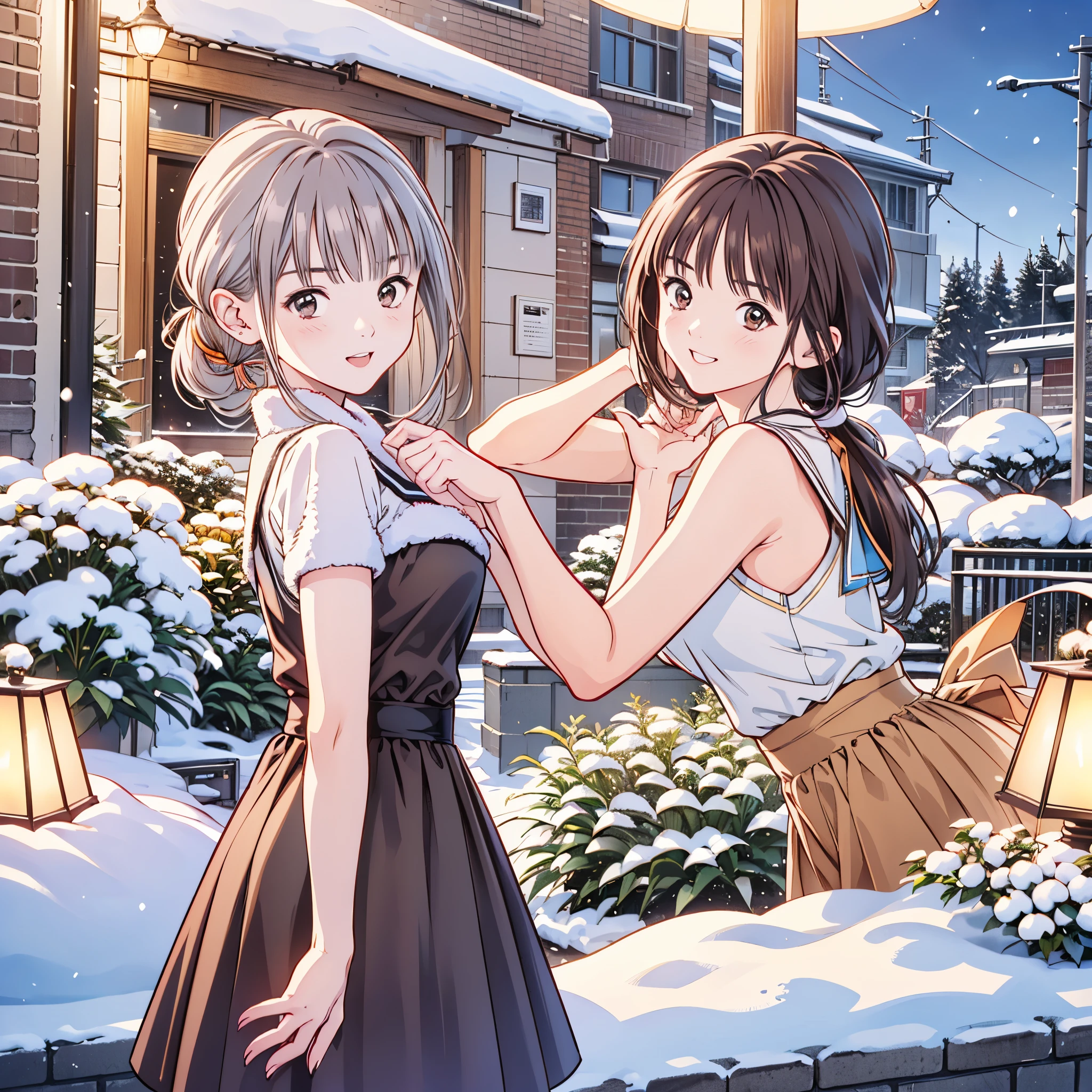 (8k、 top quality、​masterpiece:1.2)、( realistic、 ultra-detailed、 super A high resolution、 2 girls in 2、(One person has silver hair 、一人は brown hair )、 beautiful detailed face、smile、narrow、( slim waist) :1.3)、Spring Clothes、  、 Skin Texture 、Floating Hair、  professional lighting  、 high school、 brown hair、Shy、Mikity、 romantic in the snow、((Junior high school st、、Ponytail、 