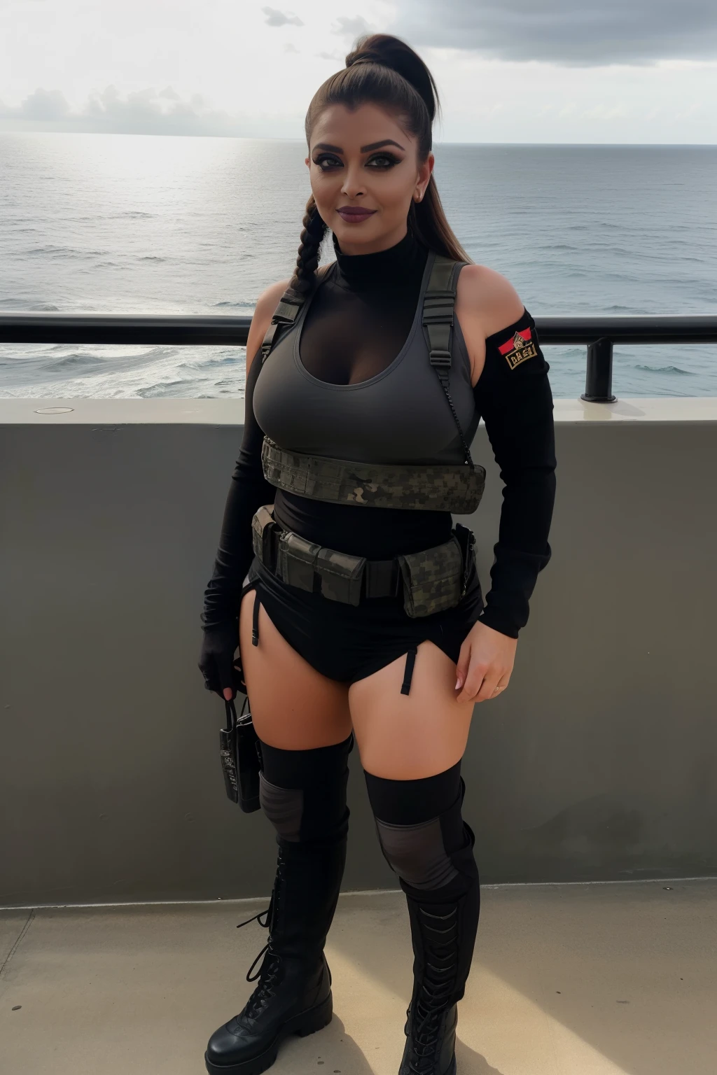 Solo, Stand Up Straight, Physically-based Rendering, Unreal Engine 5 Render, Jealous, (look Half Body:1.5), ((muscle And Bbw Body Type:1.4)), beautifull Breasts,((cleavage, nude Busty & Gigantic fake Breasts:1.5)), (expose 11 line Abs:1.4), (Huge Hips:1.3), ((beautiful Cyborg Woman, tactical military gear+Futuristic breastplate military camo armor from OVERWATCH 2, Guard Arms, Gloves:1.5)), (close Up Upper Body), ((pale Skin+Body Oiled:1.3)), (clean Glossy Bodyskin:1.4), (background Futuristic Space Station:1), (bokeh, photorealsitic:1.4), (ultra-detailliert), (top-quality:1), (best Shadows), Bright Light In Room, Hyper Texture, (4x Msaa), ((unreal Engine 5 Render)), (neon), Physically-based Rendering, Ultra Hight Definition, 16k, 1080p, Beauty Model, 4k Resolution.