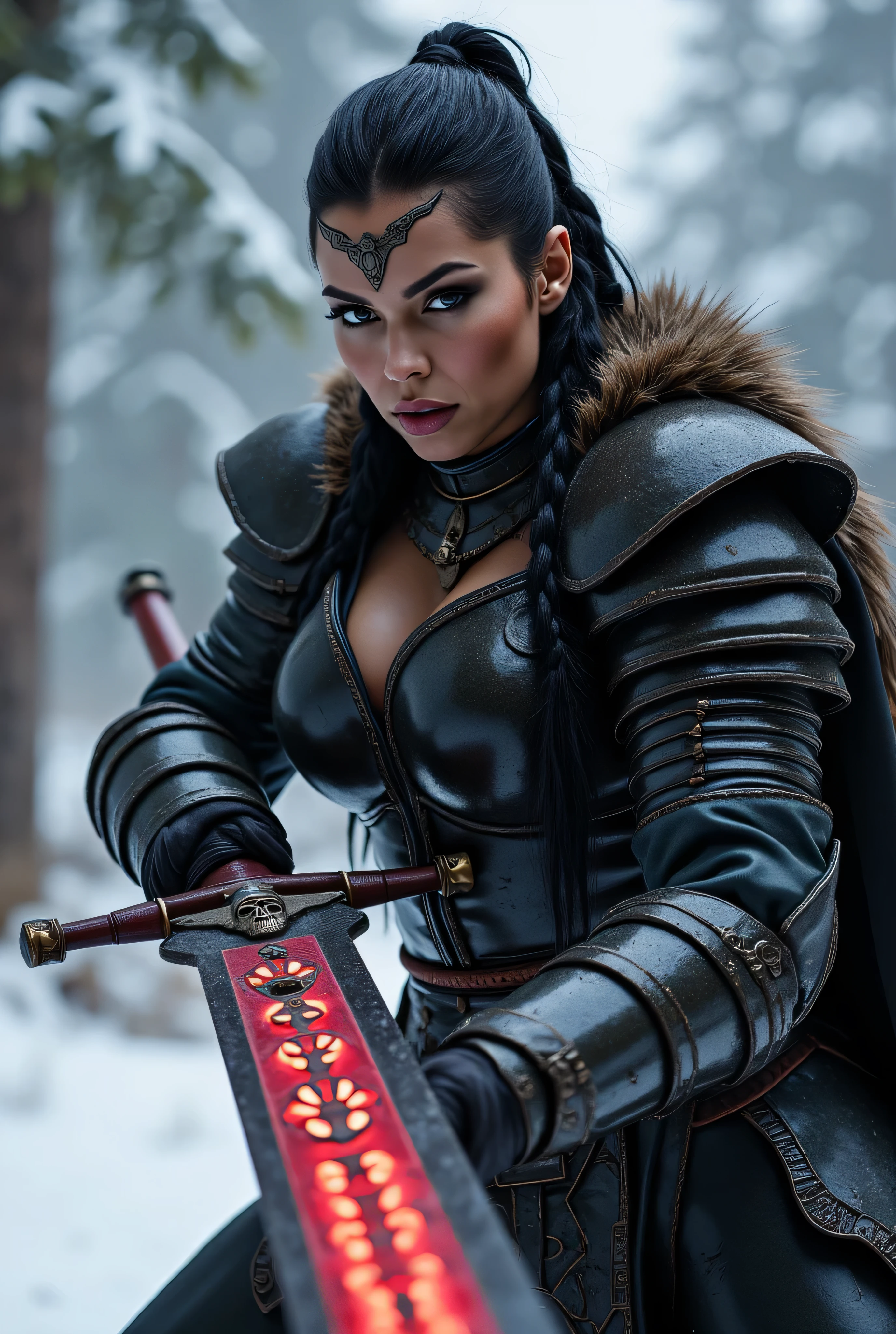 strong and muscular medieval lady in battle. with pale skin, medium length black hair. she has sharp fangs in her mouth, her mouth in a scowl. she has short horns on her head, and a scar across her mouth. she is wearing slightly battle-worn black medieval heavy armor and black boots, with a large black gothic circular helmet on her head. she is mid-swing with an extremely large war-hammer fighting against a knight. They are fighting in ruins at sunset.