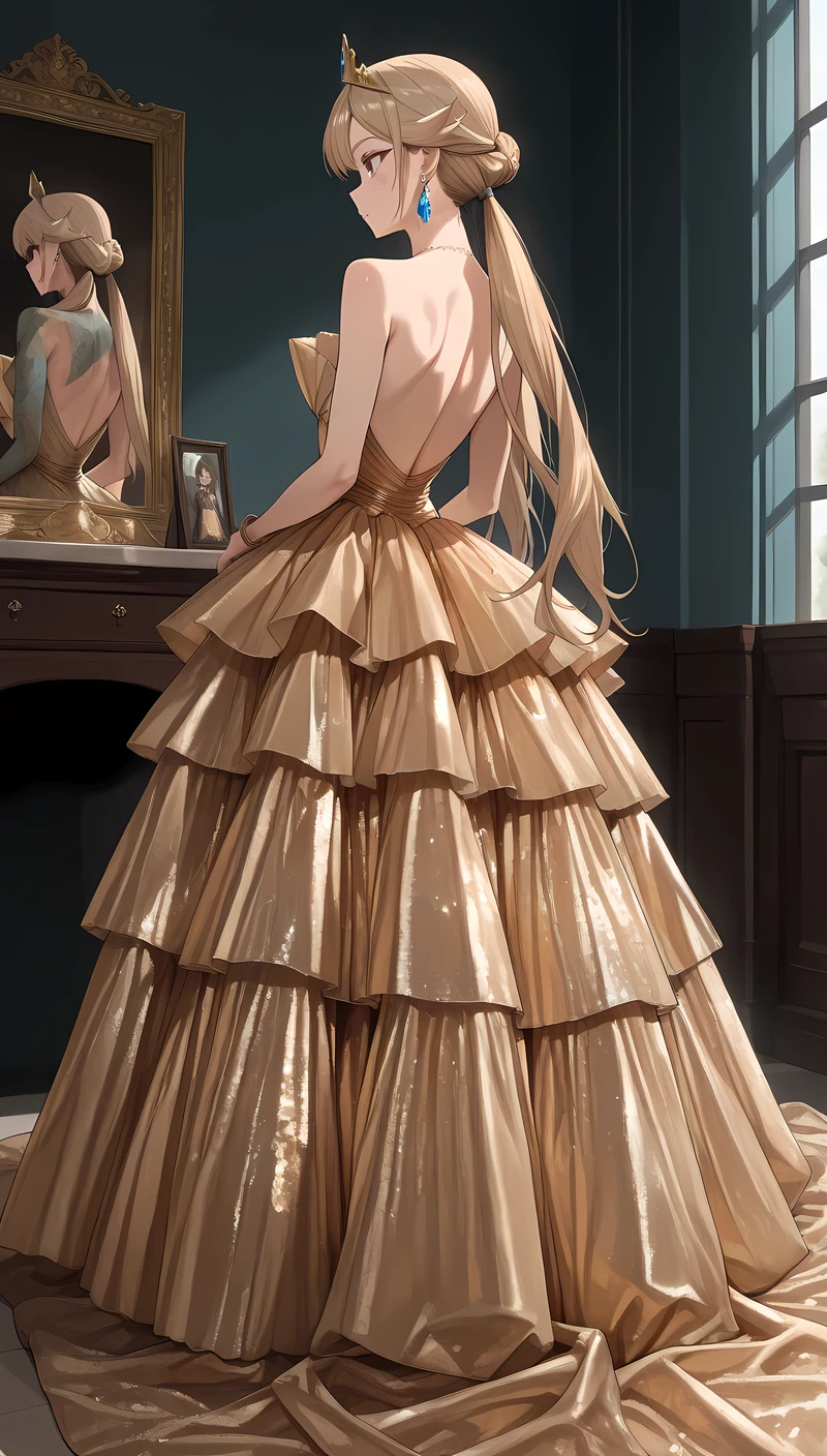 ((masterpiece)), (textured skin), ((high details)), best quality, award winning, 8k, beautiful woman, silk dress, Noble, princess, queen, blonde, half updo, hair flaps, jewelry tiara, crystal earrings, Sharp focus A beautiful woman with perfect body, Slim abdomen, light brown hair, shiny hair, low twintails