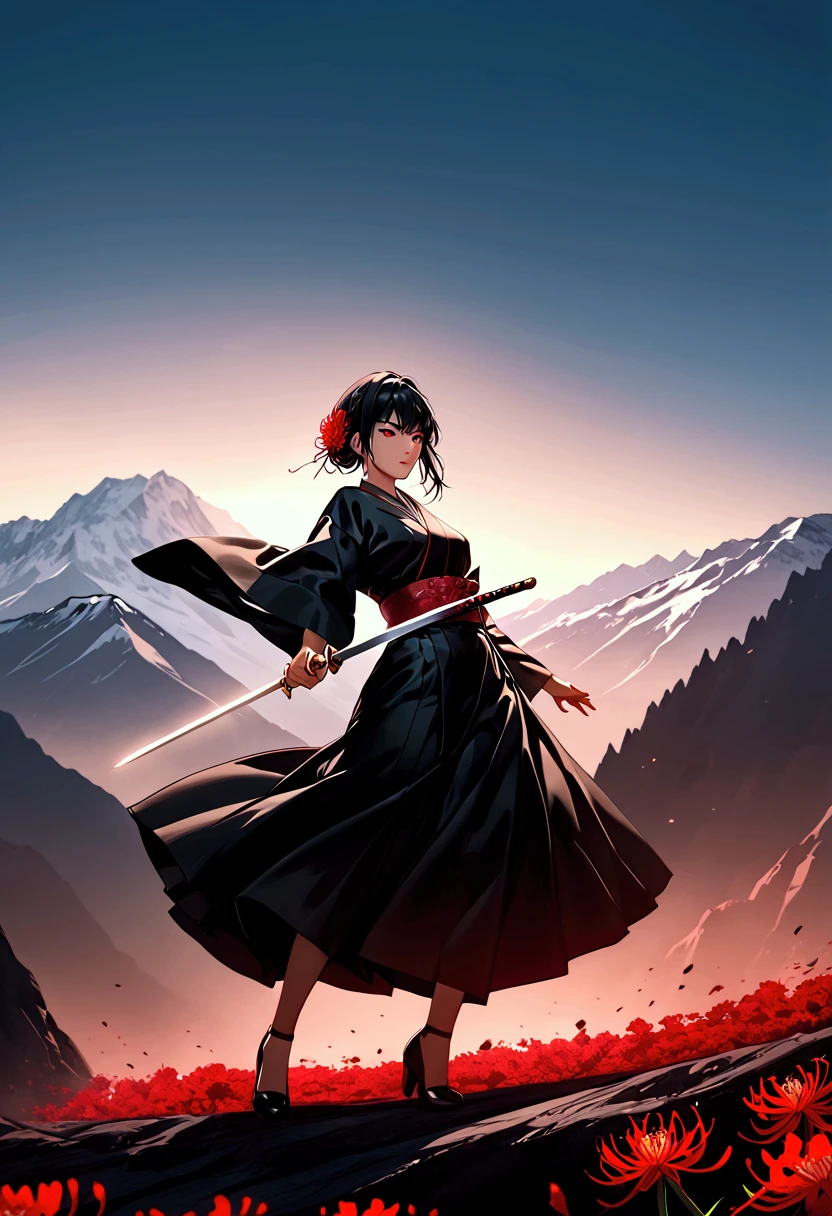 Yor Briar from Spy X Family, blood red eyes, raven black hair, dynamic pose, kimono, lycoris radiata, white sword, blood, black dress, mountain background