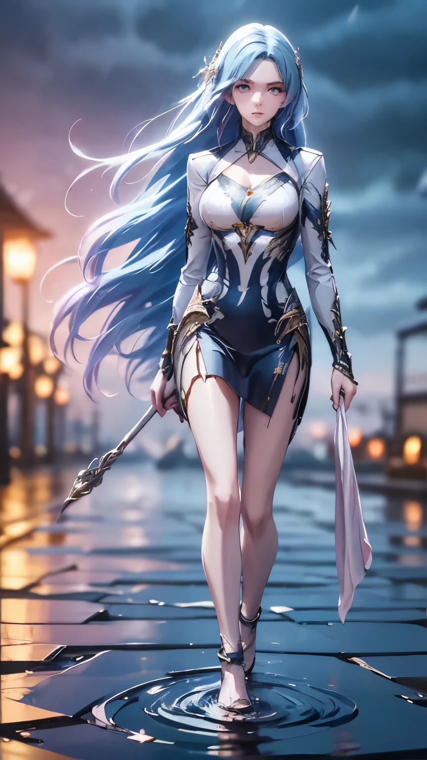 girl walkong on water in a storm, masterpiece, best quality, high quality, extremely detailed CG unit 8k wallpaper, award winning photography, Bokeh, Depth of Field, HDR, bloom,  photorealistic, extremely detailed, trending on artstation, high detail, dramatic, mid-journey art, volumetric lighting