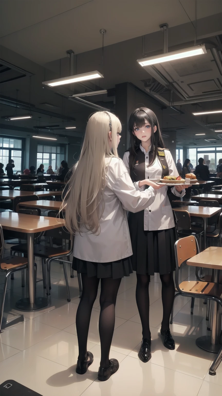 One picture composition、Don't separate screens、 Head to Toe Composition 、 full body view、 anime style . Landscape images. School cafeteria. Blonde、 long haired and blue-eyed girl without bangs、 wear a uniform、She （ is having a meal with her dark-haired girlfriend ） in the cafeteria .  is arguing about something 
