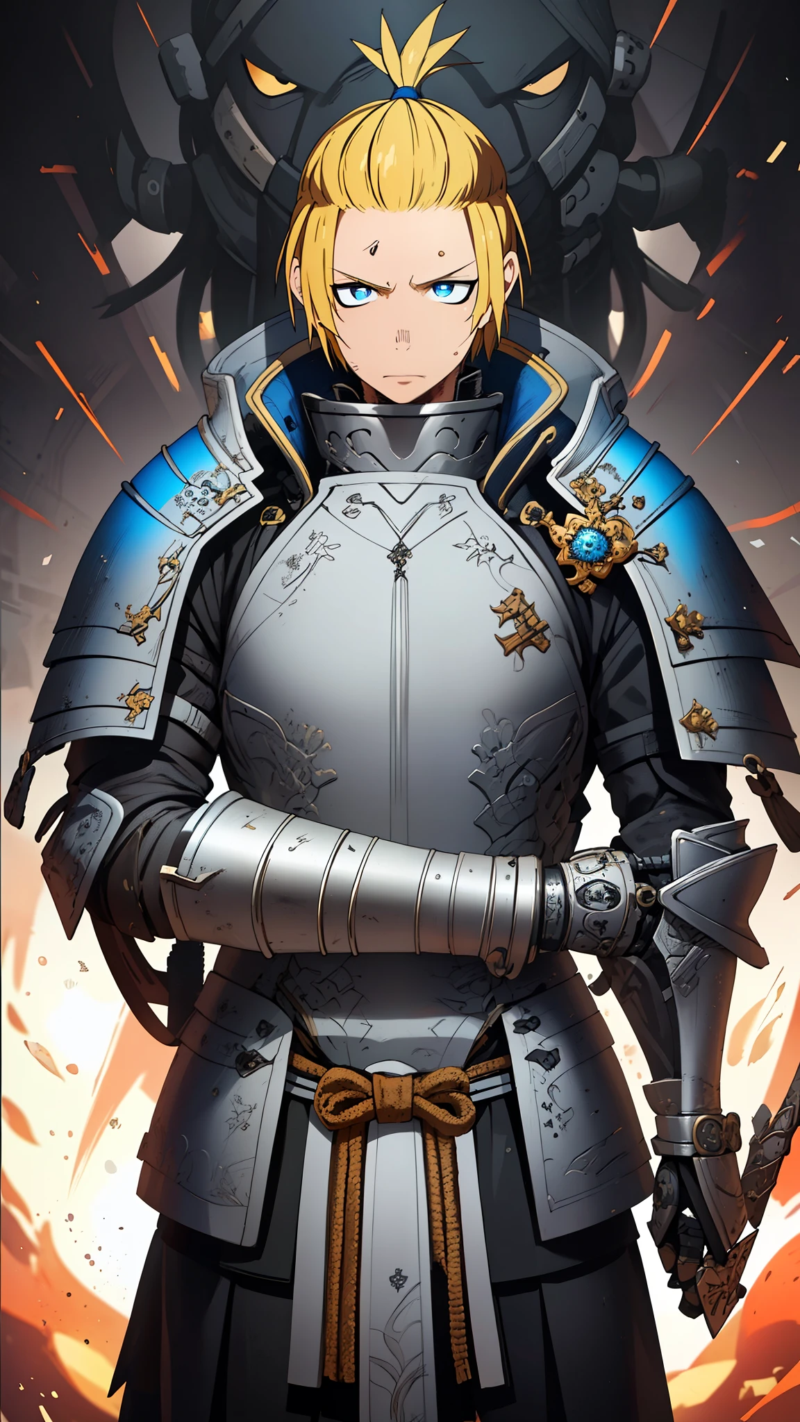 masterpiece, 最 High Quality ,  High Quality ,  1 boy, Alone, Male attention,  Watch Viewers ,  upper body, Boyle _Arthur,  1 boy, Alone, , Arthur_Boyle , Blonde,  blue eyes,  shorthair , バンズ ピンド バック,  Top Knot, ,  Viking Outfit , SF , , knight、 Fire Force、Arthur、whole body