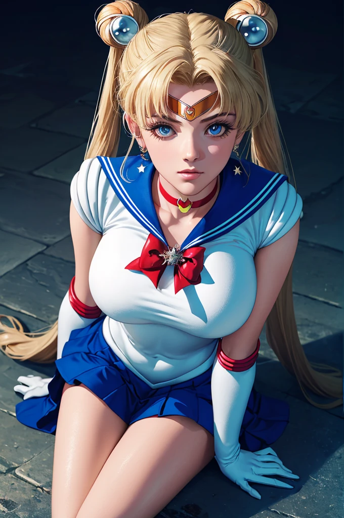 (masterpiece, best quality, ultra high resolution, 16k, absurdness:1.3), 1girl, (sexy, beautiful woman, perfect face, perfect eyes, perfect female body, huge breasts:1.5), (blonde hair:1.1, double bun:1.15, twin tails:1.1, parted bangs, circlet, jewelry, earrings, choker, red bow, white elbow gloves:1.1, blue skirt:1.15, red boots with white trim), (squat down and open legs to viewer:1.2, ultra detailed tongue out:1.35), on a rooftop, (realistic abandoned city:1.2, dark atmosphere:1.5, moon light), perfect lighting, smooth,