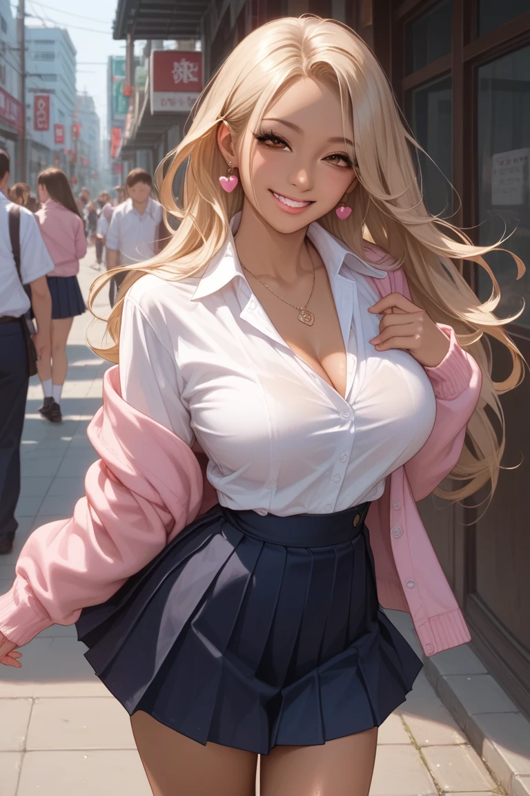 score_9, score_8_up, score_7_up, score_6_up, score_5_up, score_4_up,
1girl,Alone:1.2,(tan Skin:1.3)
beautiful Japanese girl,large breasts,Small waist,complete body,
school uniform, baggy pink knit sweater, white collared-shirt, yellow ribbon on neck, dark pleated skirt, mini skirt, A-line, white loose socks, loafers,
break,japanese girl,gravure,
good hand,blonde long hair,gal,necklace,earrings,(brown eyes),
BREAK,
evil smile,seductive smile,half-closed eyes,She is standing, her hair and skirt are blowing in the wind, exposing a small portion of her panties.
