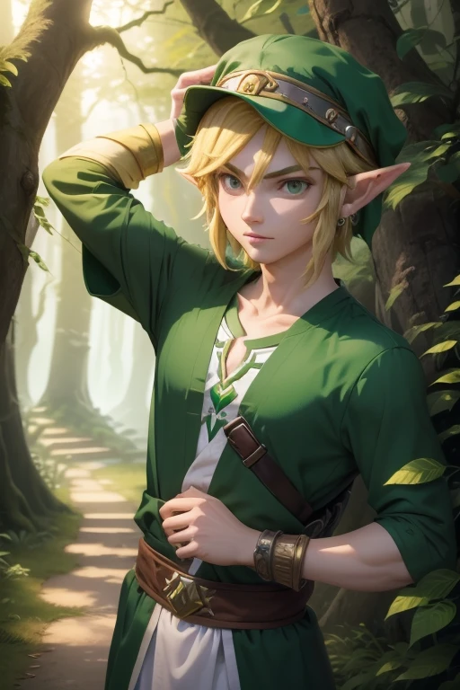 link (The Legend of The Zelda - link To Past), elf boy,  wearing a green outfit and cap of the same color, delicate body, seductive look, in a forest,  anime style ,  Better quality, SFW,  masterpiece ,  High resolution , present energy ,  magic forest 