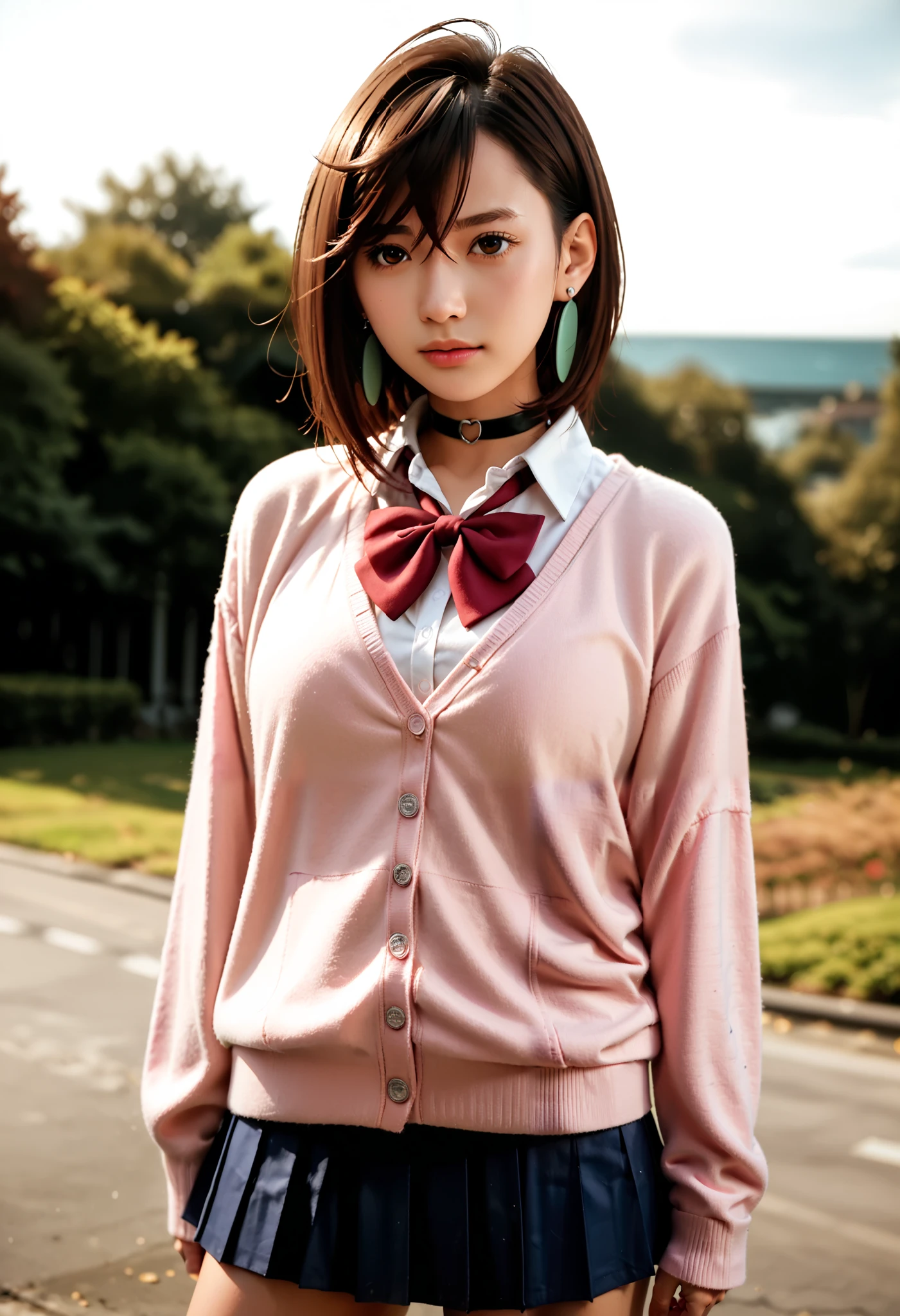 extremely high quality photo, Momo Ayase, sharp focus, realistic, source_photo, proper alignment, young Japanese model, glamorous, sexy, seductive, portrait, detailed face, medium hair, brown hair, brown eyes, large breasts, chocker, choker, red bowtie, (pink cardigan:1.2), long cardigan, long sleeves, blue skirt, pleated skirt, school uniform, short skirt, earrings, loose socks, white socks