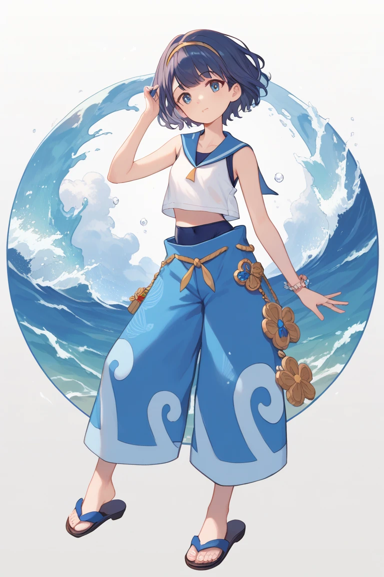  high res, masterpiece,  detail ,  High Definition Model ,  anime style,   impressionism  , 2default2, yellow hairband, swimsuit under clothes, blue swimsuit, white shirt, sleeveless shirt, baggy pants, blue pants, blue sailor collar,   sandals  , Wave pattern pants textured skin, Empty chest