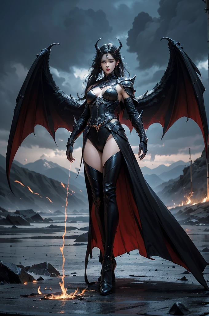 subject：full body picture of couple, The lost god, Demon Lord Wings, Sky battle of devils, (Realistic picture, high resolutionสุด, 16K), (A demon god with wide wings and enormous power on his shoulders..., Twelve wings on the shoulders., black bat wings:1. long hair, Thick hair, Two meters long, floor length, (สาวสวยlong hairสองเมตร, shiny black hair, Smooth white skin, very red lips), ((stand, already)), (หน้าอกbig, หัวbig ), (gigantic breast, small waist, hips raised, small thighs, Long legs), (dynamic poses), (devil wings), floating in the air above the ground, background darkness, Embraced with twelve wings, ปีกSeparate themeชัดเจน, Angel wings and devil wings, white and black wings, ทรงสวมมงกุฏขนาดbig, The busiest breasts, big , Porn, just, exposed body, tight, All smooth., see the whole body, full body image, War of Gods Demons, devil,  Hell, Makanime Battle, black bat wings, Hell fire mountain background, surounding by big big fire flames, horibly thunder storm and red skyเกิดขึ้นอย่างรวดเร็ว, "(best quality, 4K, 8ก, high resolution, Masterpiece:1.2), very detailed, (realism, fotorrealism, fotorrealism:1.37),  [illustration], [dynamic elements], [Fantasy], [การต่อสู้ครั้งยิ่งbig], [strong emotions], [hot atmosphere], [Colossal force], Portrait, terrain, Sharp focus, physical representation, professional, bright colors, Bokeh, Saturated tones, [incredible light]"