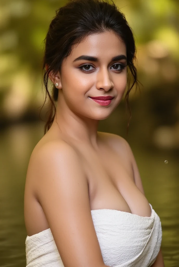 an indian girl bathing in a river in a magical forest, water droplets falling from above, beautiful detailed eyes, beautiful detailed lips, extremely detailed face, long eyelashes, nude, sensual pose, cinematic lighting, dramatic lighting, fantasy, ethereal, vibrant colors, lush foliage, detailed environment, photorealistic, 8k, high quality, masterpiece