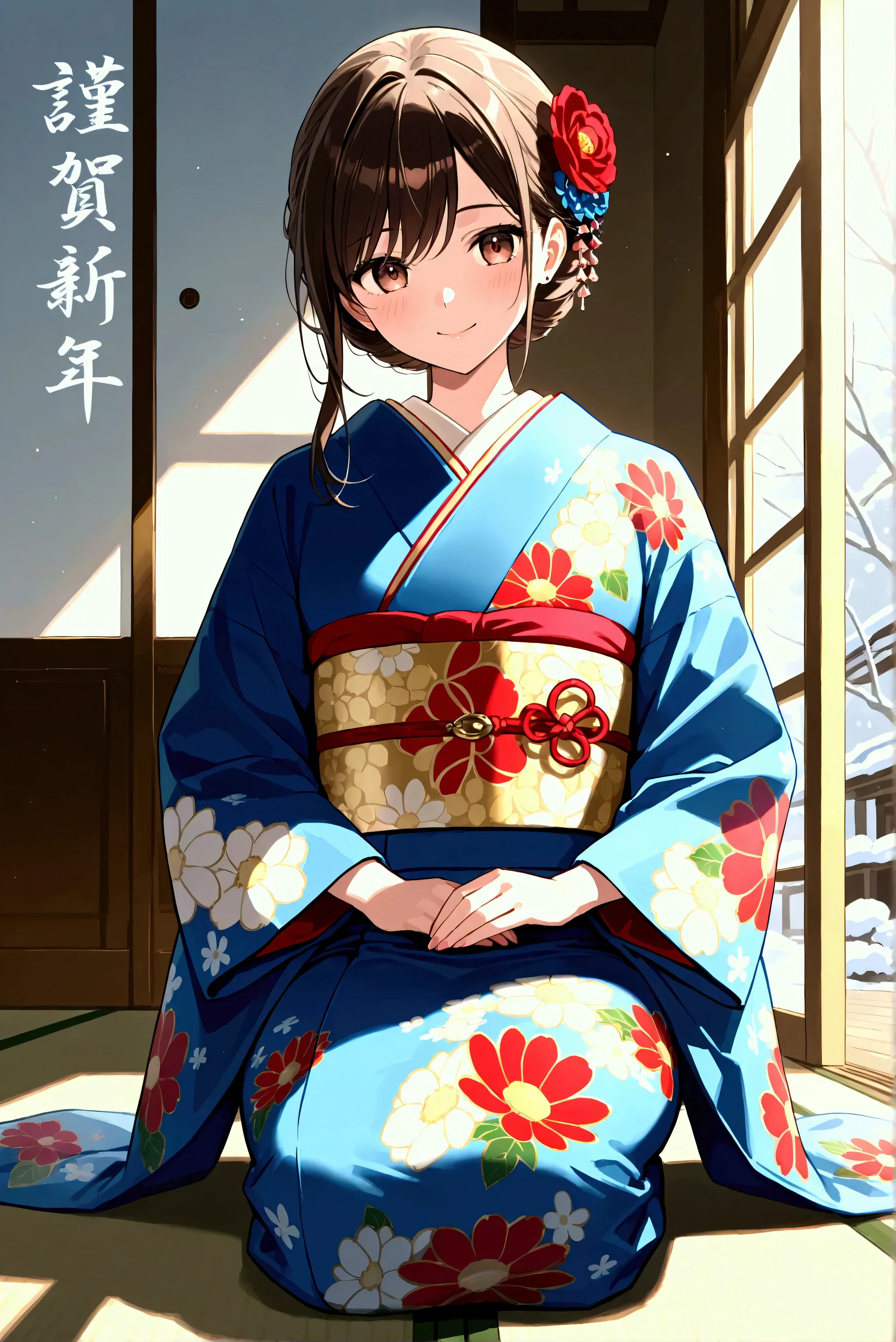 New Year 2025, A beautiful woman in kimono is sitting on the floor and bowing. Wishing you a happy year.