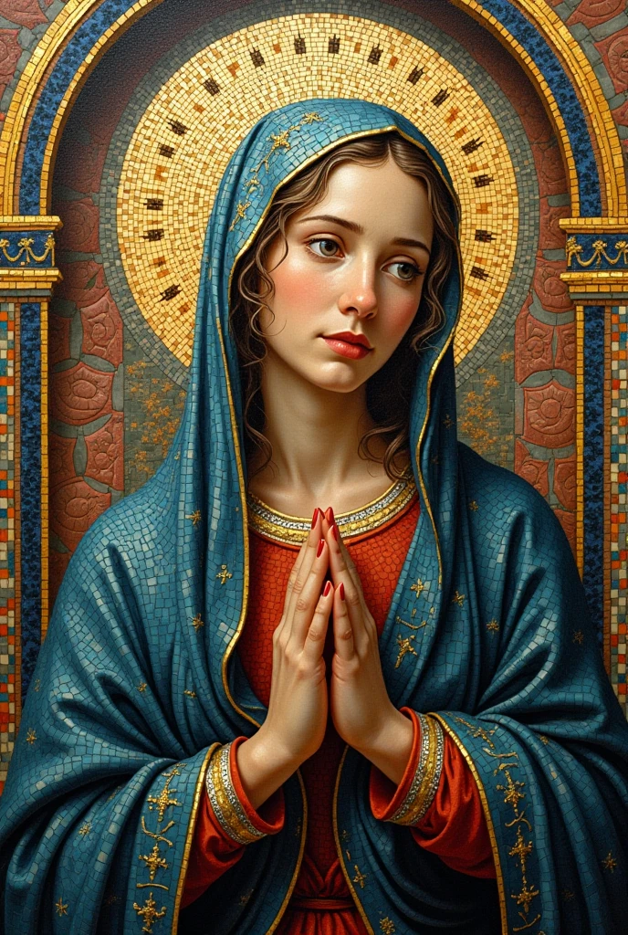 (Enfoque frontal), (En la oscuridad:1.6), (((Hyperrealistic portrait of the Virgin Mary))) por David Hockney y Alphonse mucha, fantasy art, foto realista, dynamic lighting, Artstation, poster, volumetric illumination, Caras muy detalladas, 4 mil, premiado, 1chico, En la oscuridad, sombra profunda, clave baja, (ropa oficial: 1.4), Cabello largo,