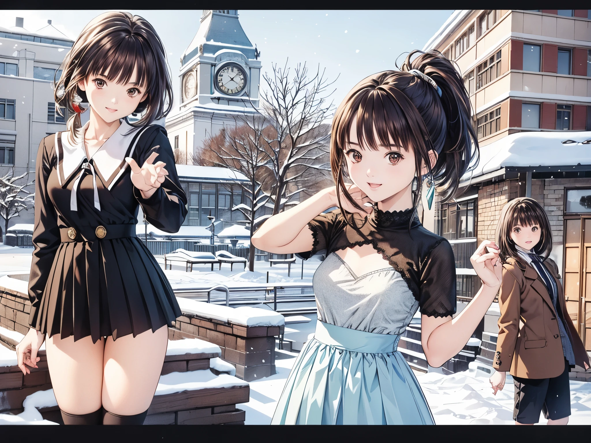 (8k、 top quality、​masterpiece:1.2)、( realistic、 ultra-detailed、 super A high resolution、 2 girls in 2、(One person has silver hair 、一人は brown hair )、 beautiful detailed face、smile、narrow、( slim waist) :1.3)、Autumn Clothes、  、 Skin Texture 、Floating Hair、  professional lighting  、Junior high school students服 人体全体、 brown hair、Shy、Mikity、 romantic in the snow、((Junior high school students、、Ponytail、 idol poses))、Sapporo、Clock Tower、