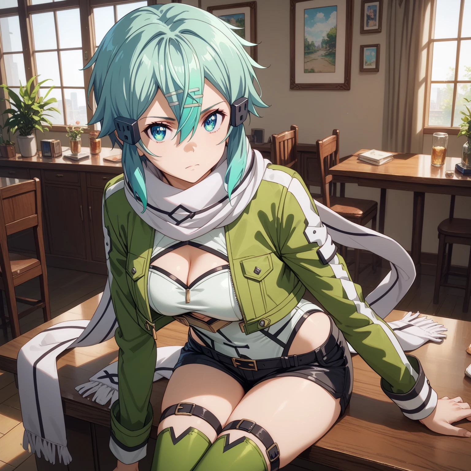 shino asada, hair between eyes, short hair, sidelocks, blue eyes, aqua hair, hair clip, hair ornament, green jacket, cropped jacket, white leotard, thigh strap, black shorts, green thighhighs,cleavage cutout, scarf, Sit, Room, Displeased face, Beautiful view, good atmosphere, looking at viewer