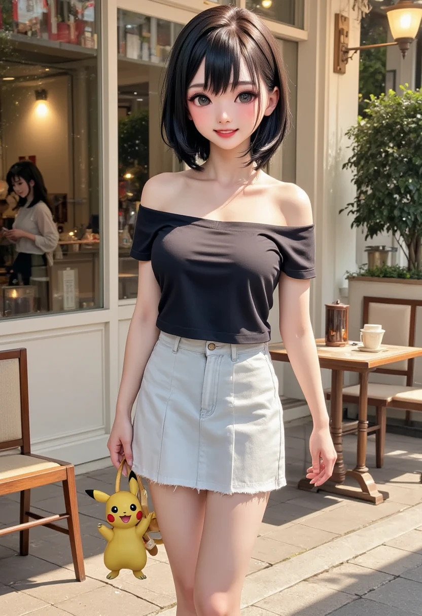 photograph,  model shooting, Semi-long woman standing outside a cafe wearing a black off-the-shoulder shirt and white skirt"Haruna" Cowboy Shots ,  she's posing , She has nice lipstick,  she's smiling, She's holding Pokémon ,  bright color, sunlight