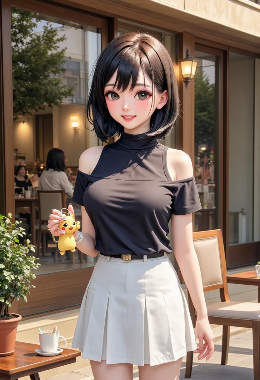 photograph,  model shooting, Semi-long woman standing outside a cafe wearing a black off-the-shoulder shirt and white skirt"Haruna" Cowboy Shots ,  she's posing , She has nice lipstick,  she's smiling, She's holding Pokémon ,  bright color, sunlight