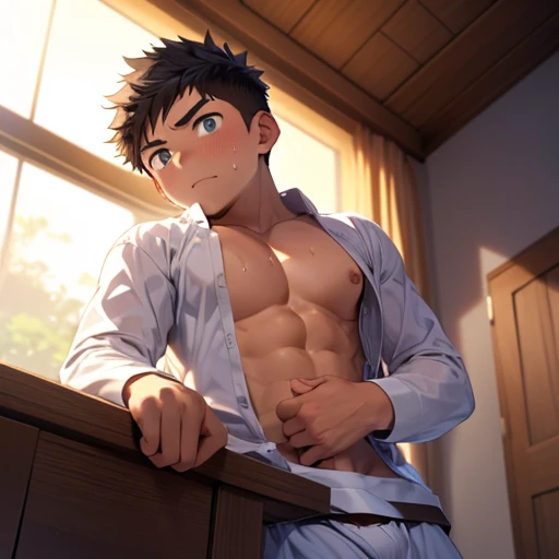 A , Standing in a bedroom, looking at me, looming over me, looking down from below, wearing very tight white clear boxer briefs, no shirt, sweaty, no top,Great quality, amazing quality, masterpiece, high-resolution.