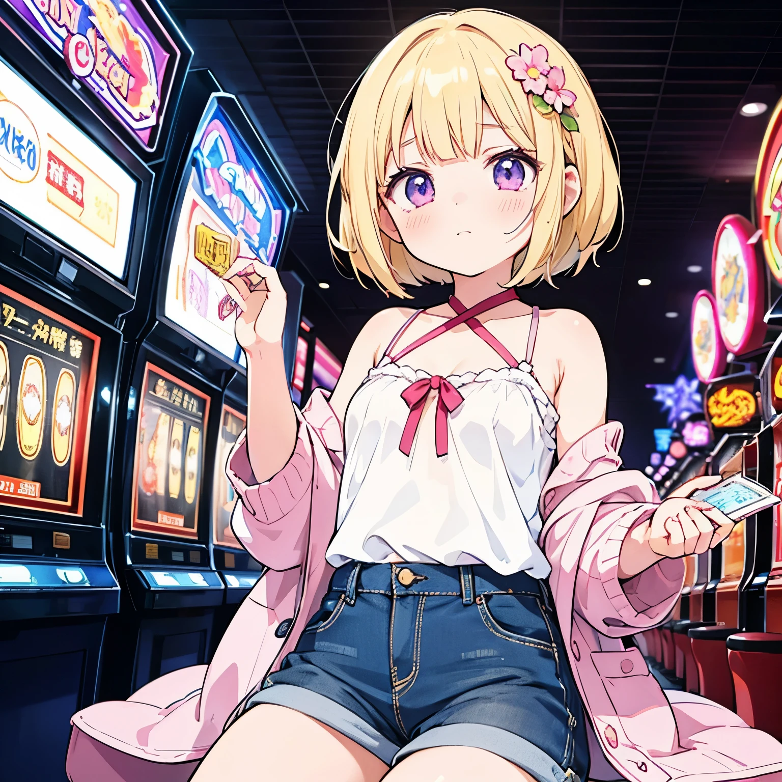 anime girl playing a slot machine in a casino, cute girl with flowers in her hair, seductive anime girl , ( anime girl ), digital animation illustration , Lofi Girl , On pixiv, attractive anime girl , an anime girl , cute anime girl , Hanayamata , anime girl , anime best girl , young woman anime visual, pretty anime girl ,Blonde, bob cut, white camisole ,Facing the slot machine