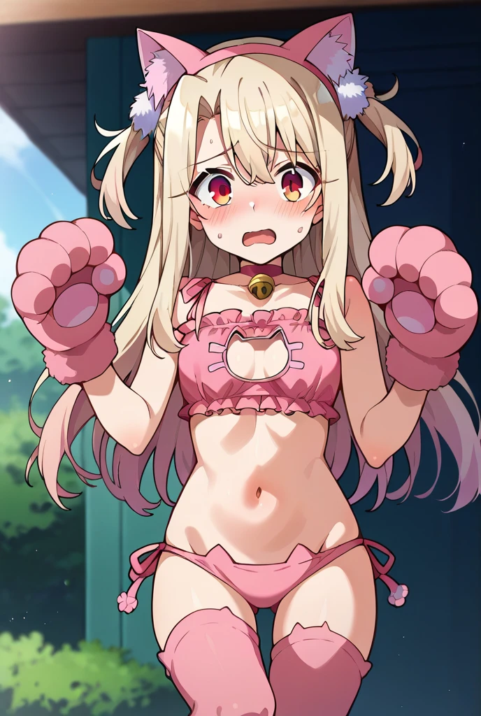 
score_9, score_8_up, score_7_up, score_6_up, score_5_up, score_4_up, source_anime, 
aaillya, long hair, blonde hair, two side up, hair ornament, red eyes, 



shocking pink cat lingerie, shocking pink cat lingerie bra, shocking pink cat lingerie panty, fake shocking pink cat ears, choker, neck bell, big shocking pink cat paw gloves, shocking pink thigh-high socks,

dutch angleカウボーイショット, 