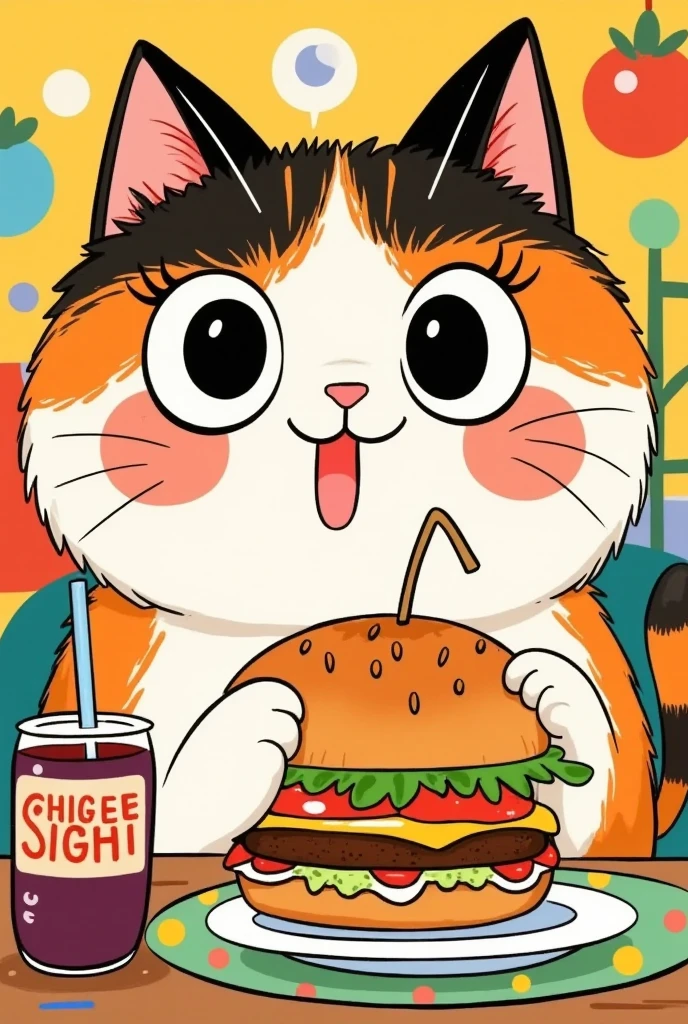 cartoon cat eat a hamHamburger and drinking soda at a table,  Bob Singer's concept map  , pixiv,  furry art , fat cat, chonker cat, cat eat, eat Hamburgers, eat a Hamburger, cat eat pizza, eat a hamHamburger, eat a cheeseHamburger, Hamburger, devours a hamHamburger, eat, obesity ), the cat is drinking tea, !!!! cat!!!!