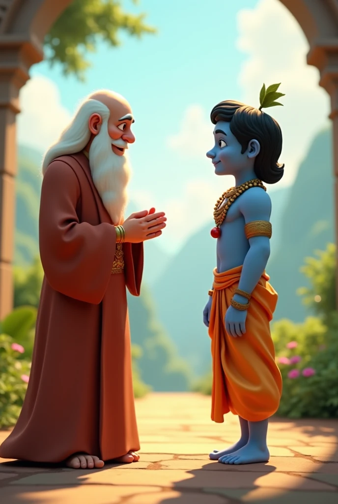 create a 3d image of 20 year old Indian devotional boy who is sitting next to krishna ji and Krishna ji playing the flute, they both sit together on the mountain,boy wearing T-shirt Name "Avinash" written on it, heaven like beautiful view background, peacock dancing,realistic image and boy is in barefoot. 


