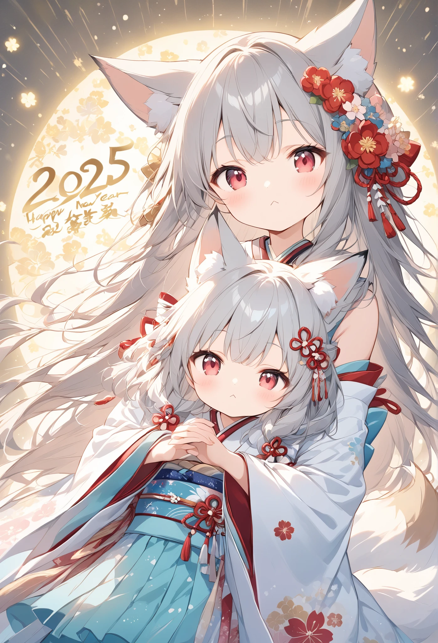 thin and soft painting style 、wallpaper、White fox girl 、 gray hair、 Smooth Long Hair 、 fox ears、 fluffy fox tail 、Ruby Eyes、Slanted Eyes、 cute、:<, "2025",Happy_New_Year!、Japanese Furisode、 dress、桜色の可愛い dress,Light effects