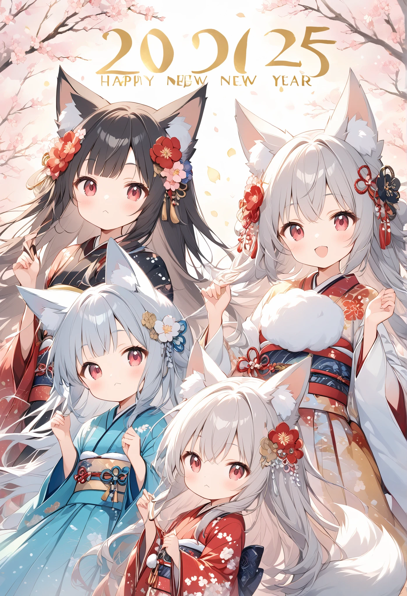 thin and soft painting style 、wallpaper、White fox girl 、 gray hair、 Smooth Long Hair 、 fox ears、 fluffy fox tail 、Ruby Eyes、Slanted Eyes、 cute、:<, "2025",Happy_New_Year!、Japanese Furisode、 dress、桜色の可愛い dress,Light effects
