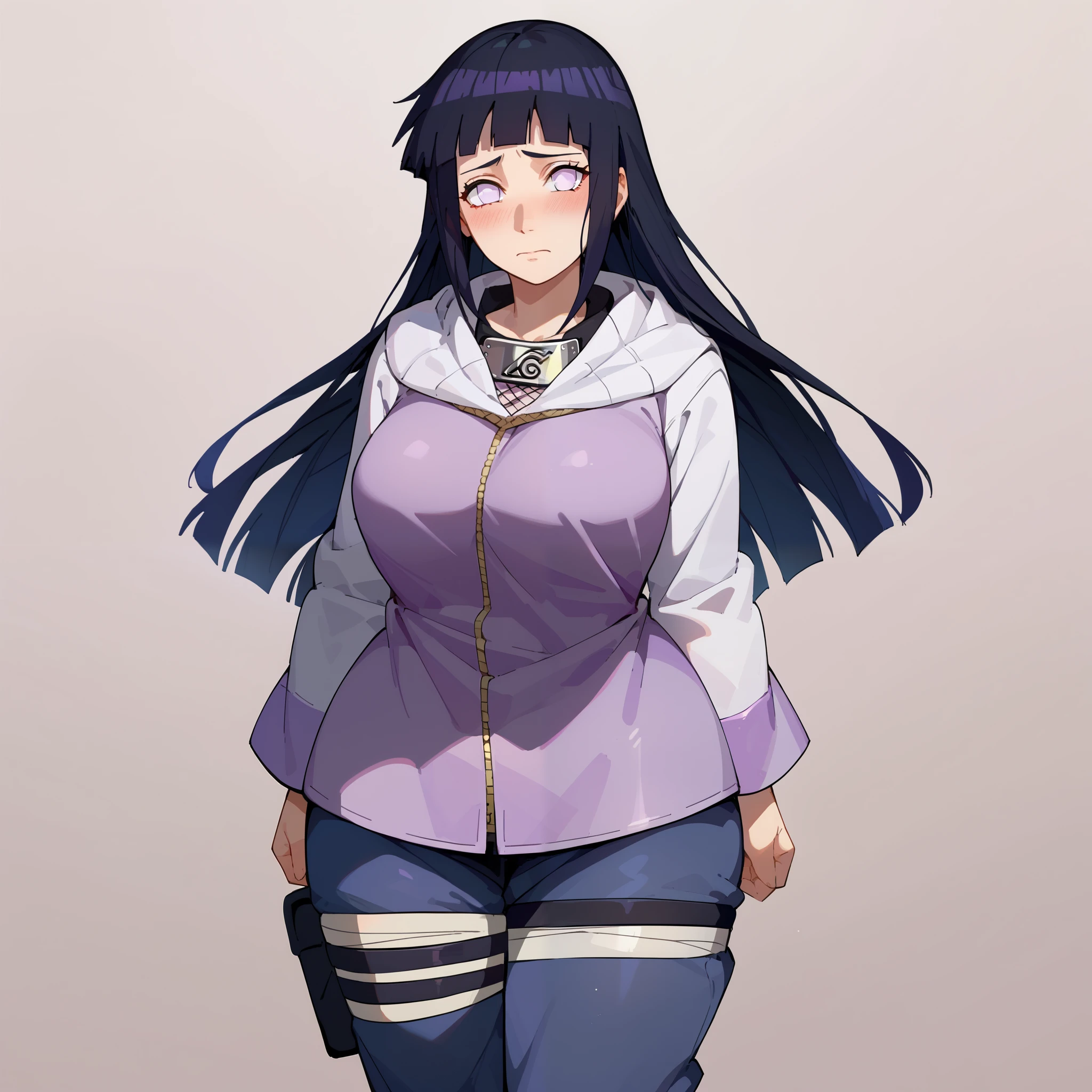 1girl, solo, hinataSDXL, long hair, black hair, purple eyes, white eyes, hyuuga hinata, big breasts, wide hips, thighs, pants, hood, hood down, forehead protector, konohagakure symbol, blushed, shy, standing, looking at viewer, simple background, from the front view