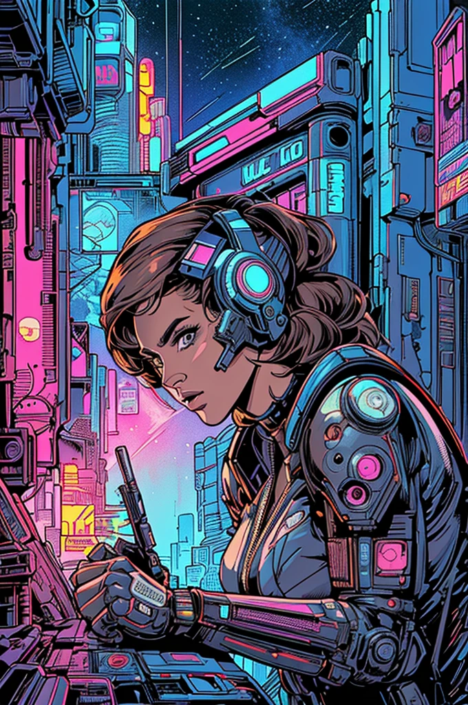 (((Top Quality Masterpiece ))),(((solo:1.2))),((( 1 woman :1.2))), 32K Highly Detailed Wallpaper , Retro Vintage Style ,(dynamic Angles),((( overwhelming highlights))),((most complex machine)), American comics with a very flashy color scheme,80s space thriller movie poster ,70s movie poster,(((Detailed and perfect woman ))),((( bust up))),(((Detailed cyberpunk background))),((( night view)))