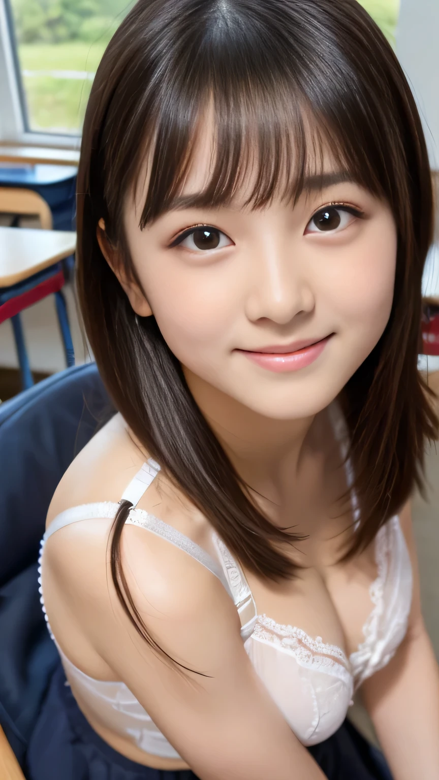unrivaled masterpiece、 beautiful eyes, ( symmetrical eyes:1.3),Very complex、
( Top Quality , very detailed , detailed face , 8k),,( Unvolume 、、bangs、 tousled hair、 big smile、( Age of ely、Beautiful girls that viewers like)(white bra 1,4) hair accessories school building、classroom、Hidden Camera)( Extremely Aggressive ,, , , )( full body portrait 、) absurd、 sharp concentration、 high resolution、Front View