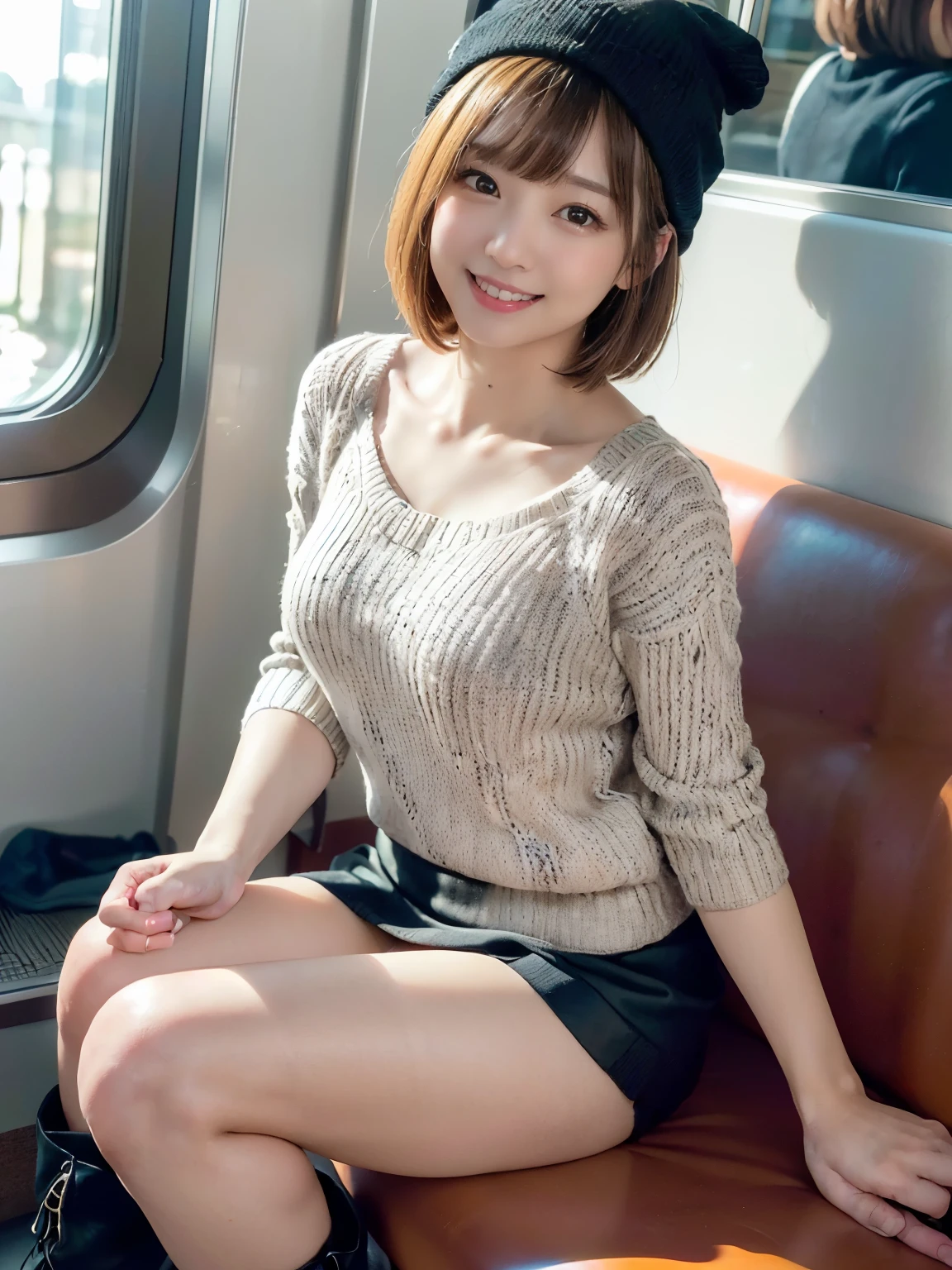 top-quality,ultra-detailliert,masterpiece,realisitic,Photo Real,Bright lighting,1 girl in, ((very Bigger breasts))、Very beautiful girl, (kawaii:1.2),Thin smile, (Brown eyes),(brown haired),(bangss),perfect glossy skin,flawless skin,((erotick,Sexy and sexually explicit)),((accurate hands without incongruity)), large full breasts,big breasts thin waist, Look at viewers,((Sexy summer clothes)),((Light brown sleeveless:1.5))((High Neck Knit Sweater:1.5)),,((Mini pleated skirt with tartan check 2.0)),(((skirt lift by yourself))),(lifted by self),(Showing panties),panties on,panties focus,((Sit up,spread legswide)), sockes, (Black knee socks),(Loafer shoes), during daytime,On the train,Horizontal long seat with your back to the window